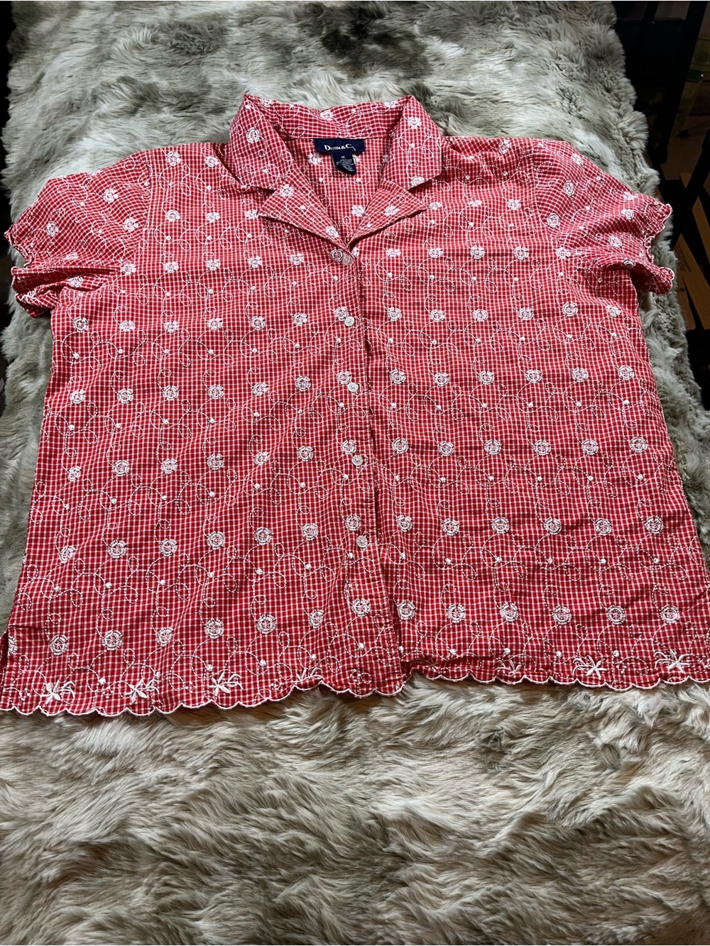 Vintage Denim&Co Red Gingham Button-Down Shirt with White Floral Embroidery